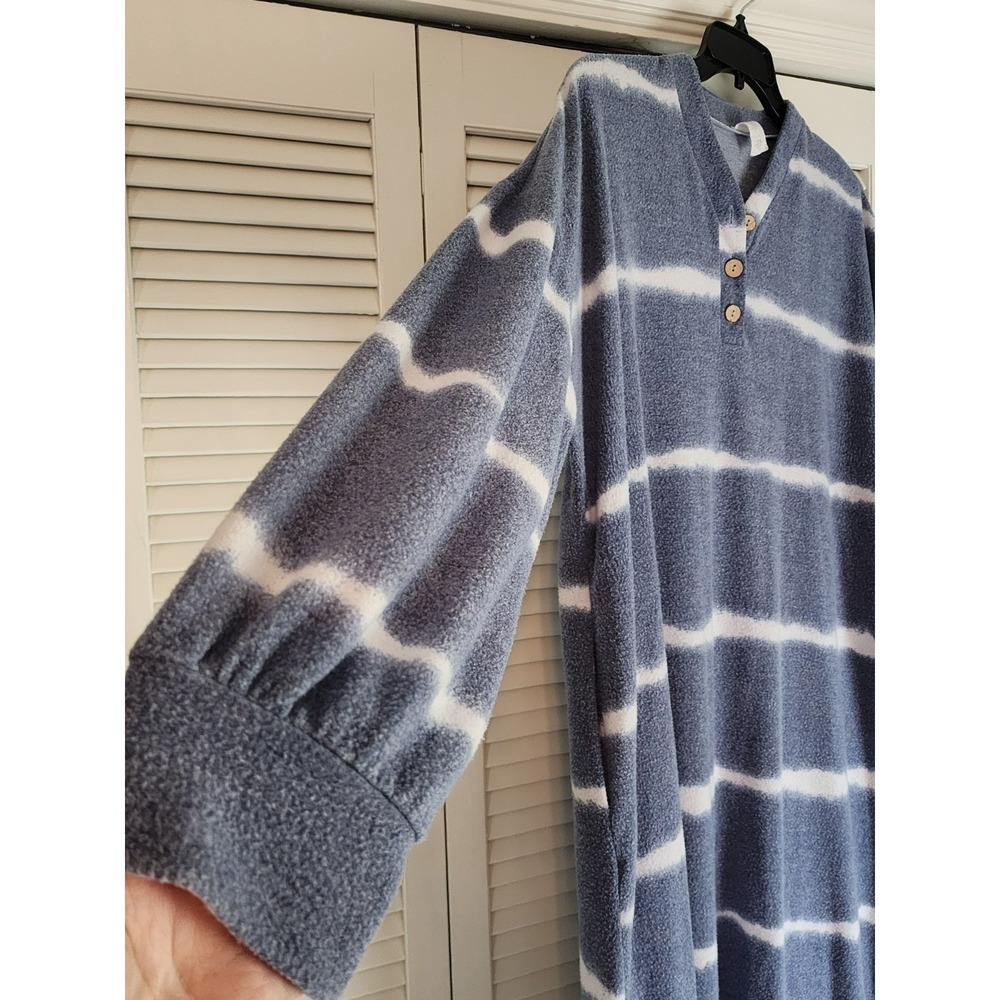 Oh So Modest 2X Midi Dress Blue White Stripe Cozy Henley Pockets Long Sleeves - Picture 2 of 6